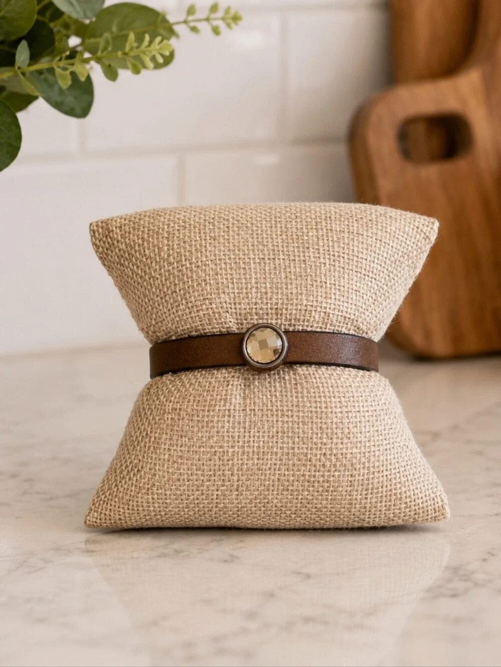 Handmade Brown Leather Magnetic Clasp Bracelet Champagne Crystal Boho Minimalist
